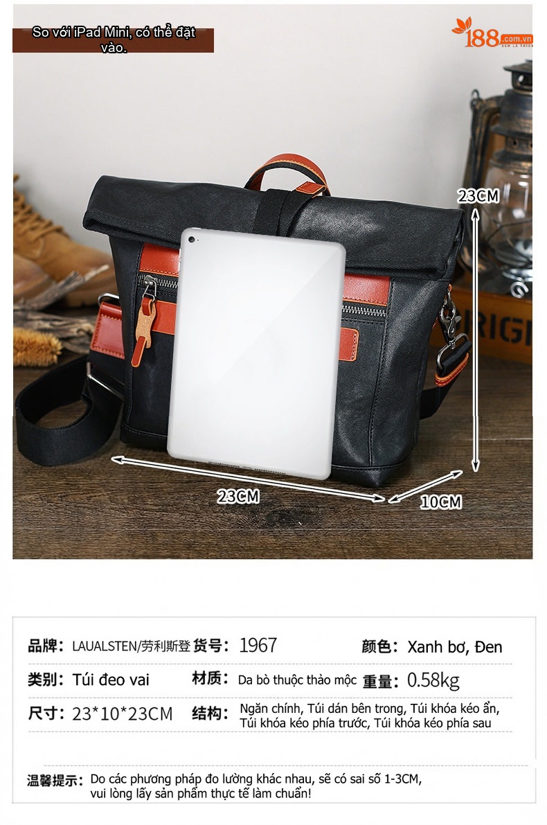 Túi Đeo Chéo Nam Da Bò Thật Phong Cách Casual, Túi Đựng Ipad Màu Đen, Nâu chi tiết 34