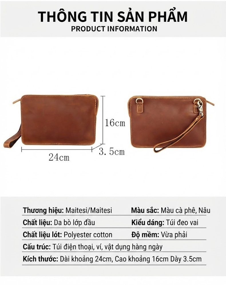 Túi Đeo Chéo Nam Da Bò Thật Phong Cách Retro, Túi Đựng Ipad Cầm Tay Màu Nâu chi tiết 12
