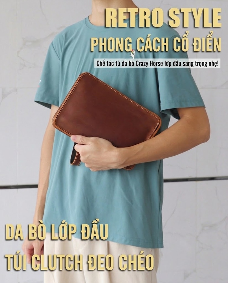 Túi Đeo Chéo Nam Da Bò Thật Phong Cách Retro, Túi Đựng Ipad Cầm Tay Màu Nâu chi tiết 7
