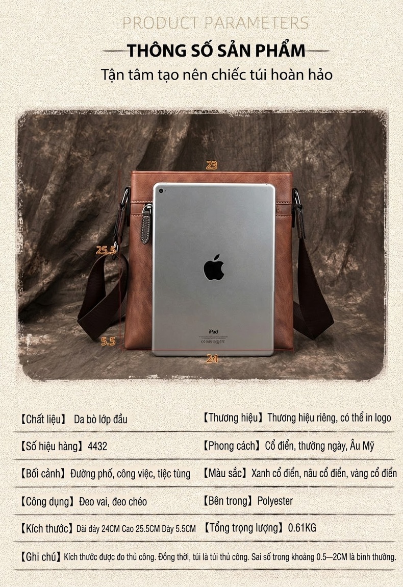 Túi Đeo Chéo Nam Da Bò Thật Phong Cách Retro, Túi Đựng Ipad Màu Nâu, Xanh Navy chi tiết 4