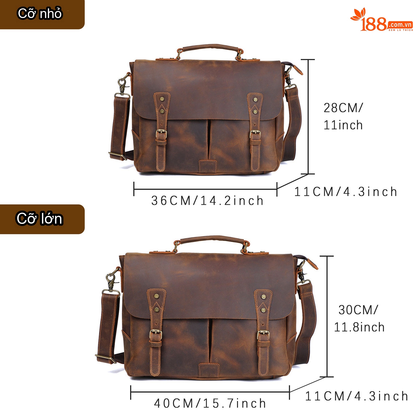 Túi Đeo Chéo Nam Da Bò Thật Phong Cách Retro, Túi Đựng Laptop 14 Inch Màu Nâu chi tiết 2