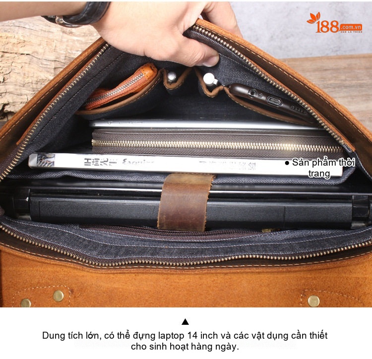 Túi Đeo Chéo Nam Da Bò Thật Phong Cách Retro, Túi Đựng Laptop 14 Inch Màu Nâu chi tiết 13