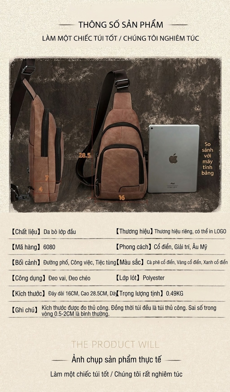 Túi Đeo Chéo Nam Da Bò Thật Retro Đựng Ipad Mini Phong Cách Hàn Quốc Màu Nâu, Xanh Dương, Xám chi tiết 2