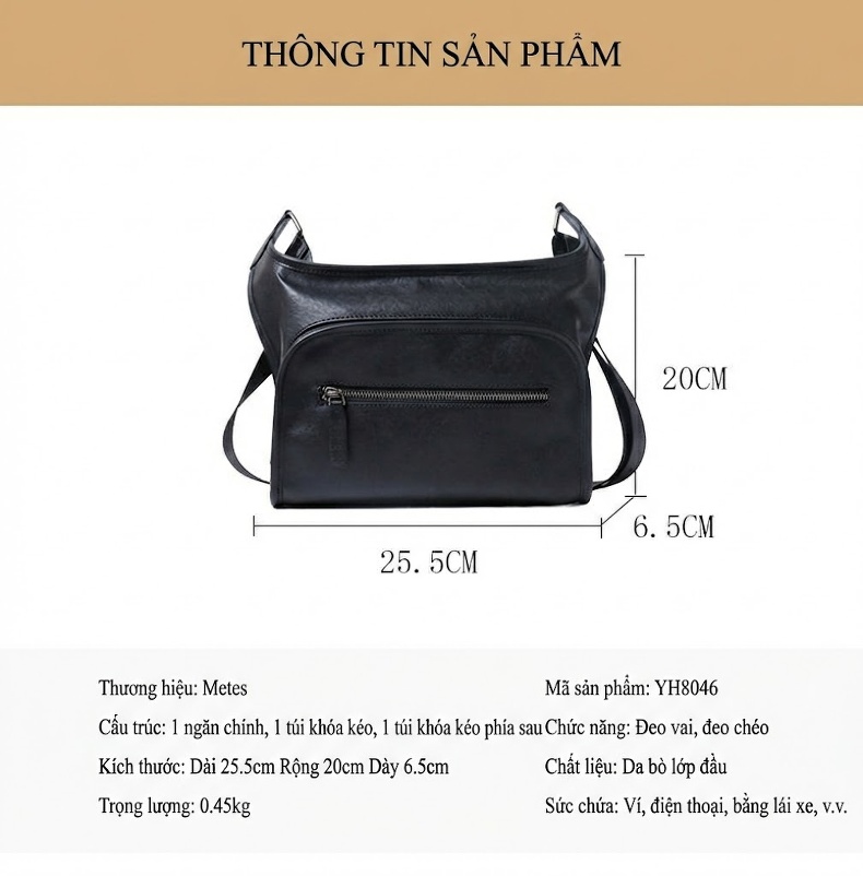Túi Đeo Chéo Nam Da Bò Thật Thiết Kế Tối Giản Màu Đen chi tiết 9