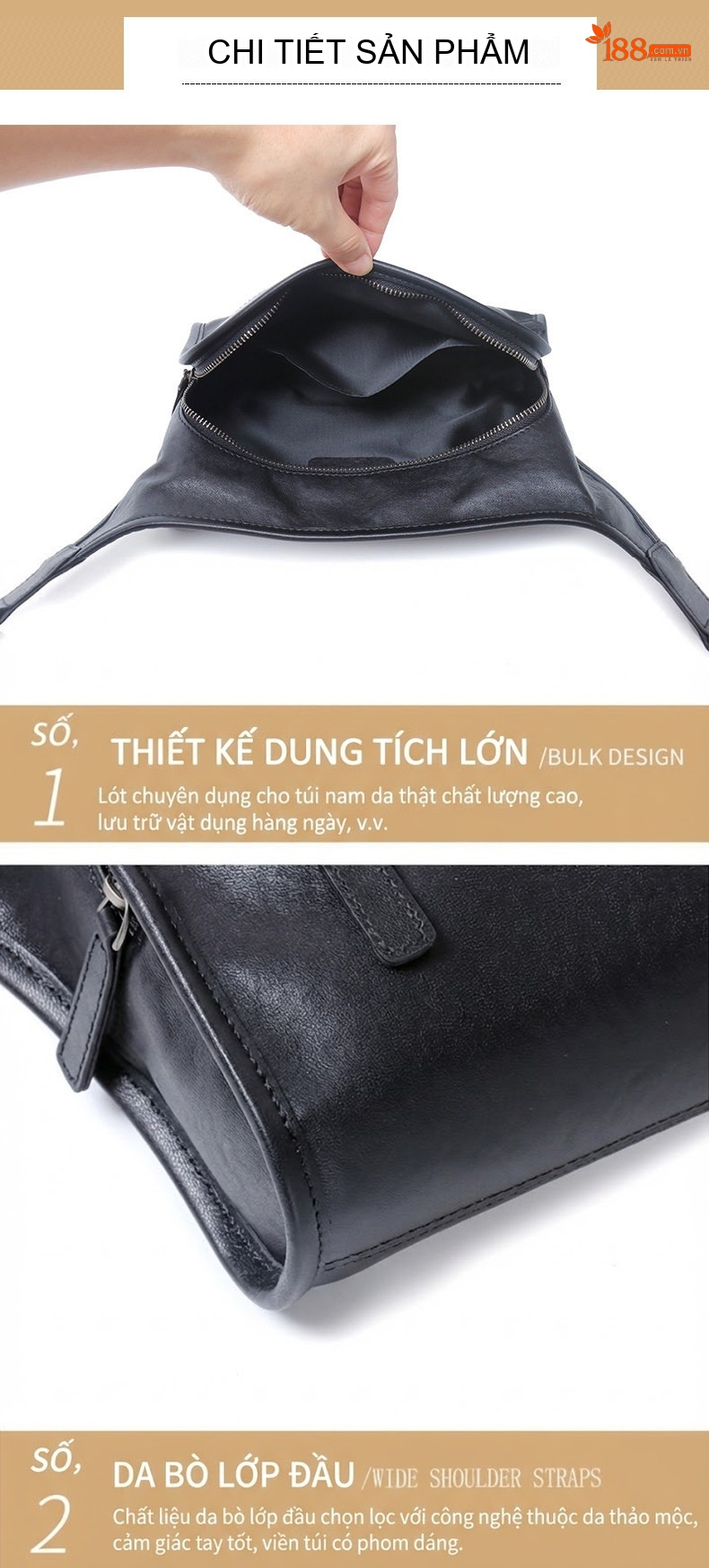 Túi Đeo Chéo Nam Da Bò Thật Thiết Kế Tối Giản Màu Đen chi tiết 14