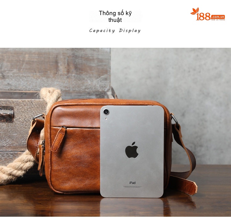 Túi Đeo Chéo Nam Da Bò Thật Thủ Công Vintage Đơn Giản Màu Nâu chi tiết 2