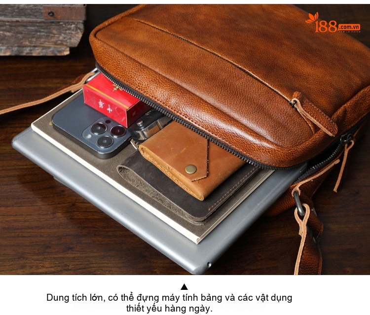 Túi Đeo Chéo Nam Da Bò Thật Thủ Công Vintage Đơn Giản Màu Nâu chi tiết 4
