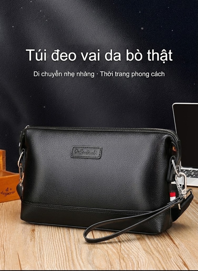 Túi Đeo Chéo Nam Da Bò Thời Trang Đa Năng Màu Đen chi tiết 1