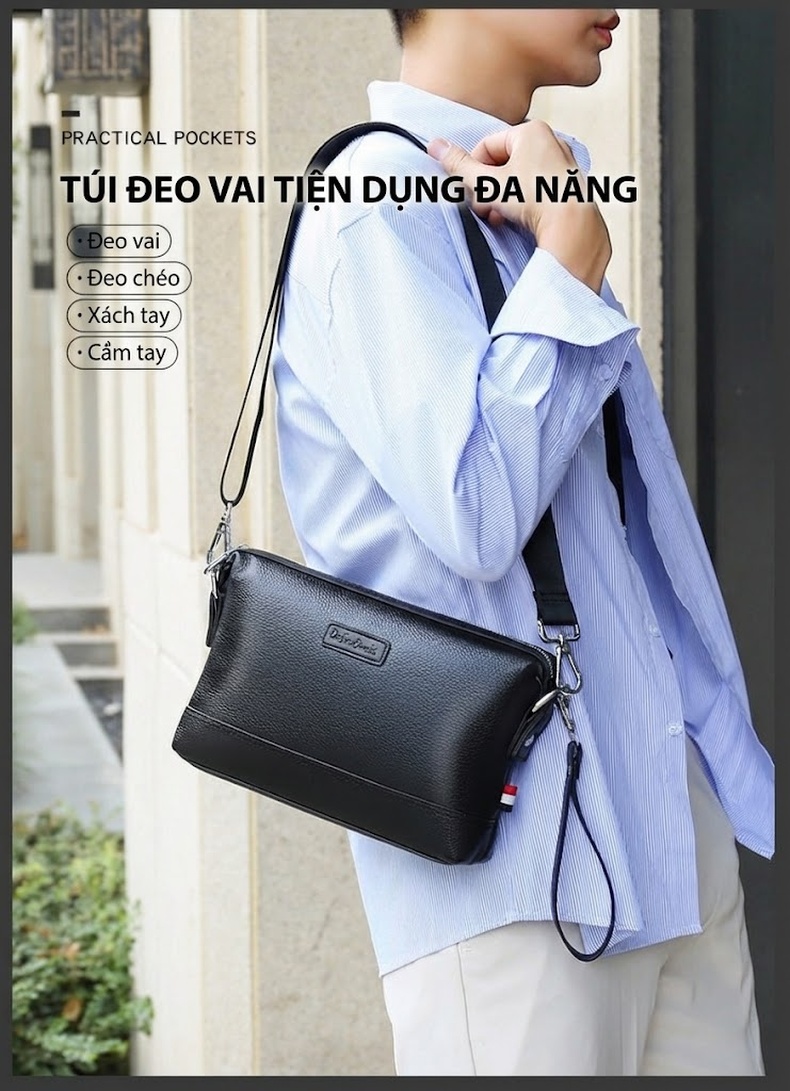 Túi Đeo Chéo Nam Da Bò Thời Trang Đa Năng Màu Đen chi tiết 3