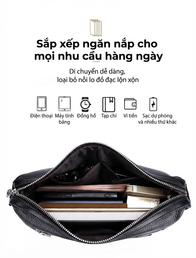 Túi Đeo Chéo Nam Da Bò Thời Trang Đa Năng Màu Đen chi tiết 7