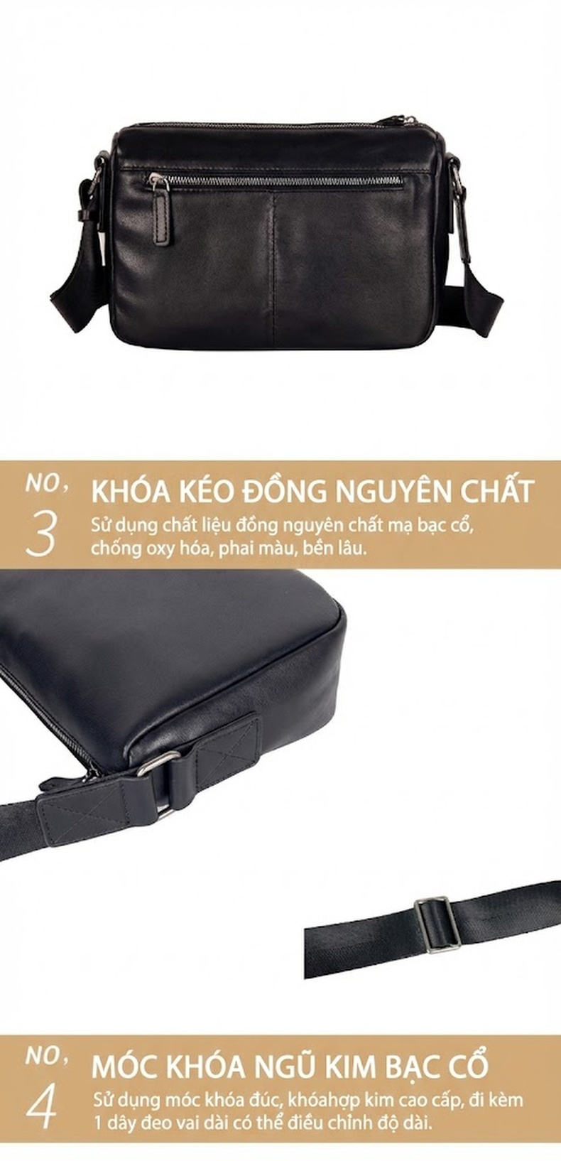 Túi Đeo Chéo Nam Da Bò Thời Trang Đa Năng Màu Đen chi tiết 15