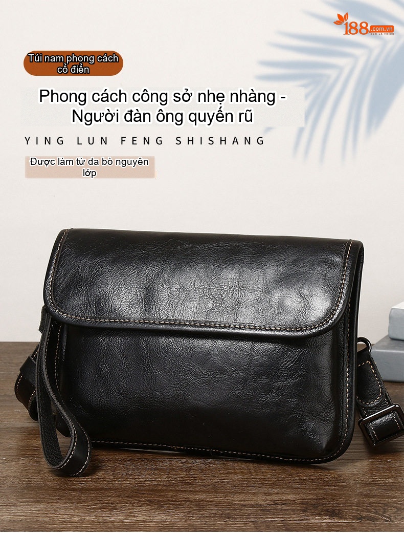 Túi Đeo Chéo Nam Da Bò Thời Trang Mùa Hè Màu Đen, Nâu chi tiết 4