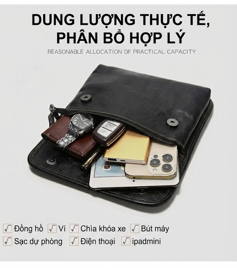 Túi Đeo Chéo Nam Da Bò Thời Trang Mùa Hè Màu Đen, Nâu chi tiết 18