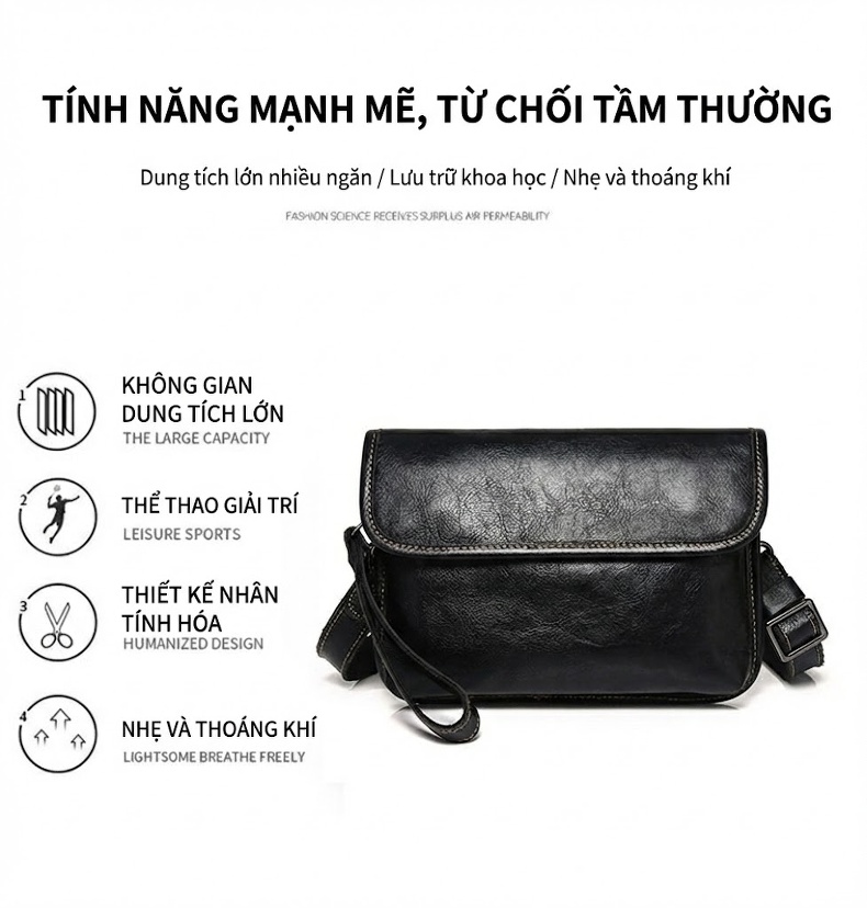 Túi Đeo Chéo Nam Da Bò Thời Trang Mùa Hè Màu Đen, Nâu chi tiết 19