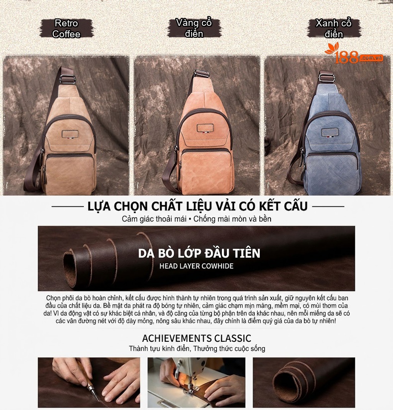 Túi Đeo Chéo Nam Da Bò Thủ Công Kiểu Âu Mỹ Màu Nâu, Xanh Dương chi tiết 1