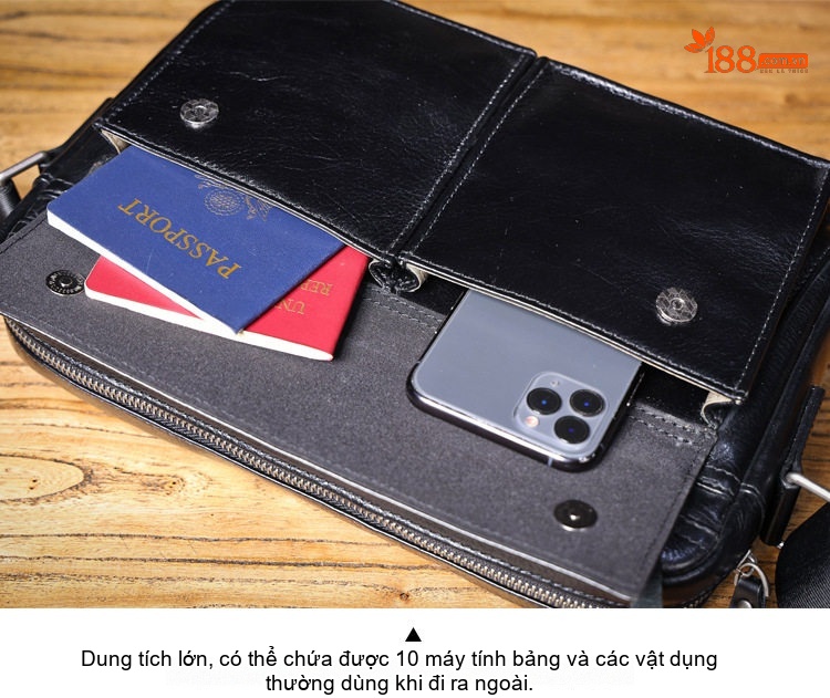 Túi Đeo Chéo Nam Da Bò Thủ Công Kiểu Túi Đưa Thư Đơn Giản Màu Đen chi tiết 6
