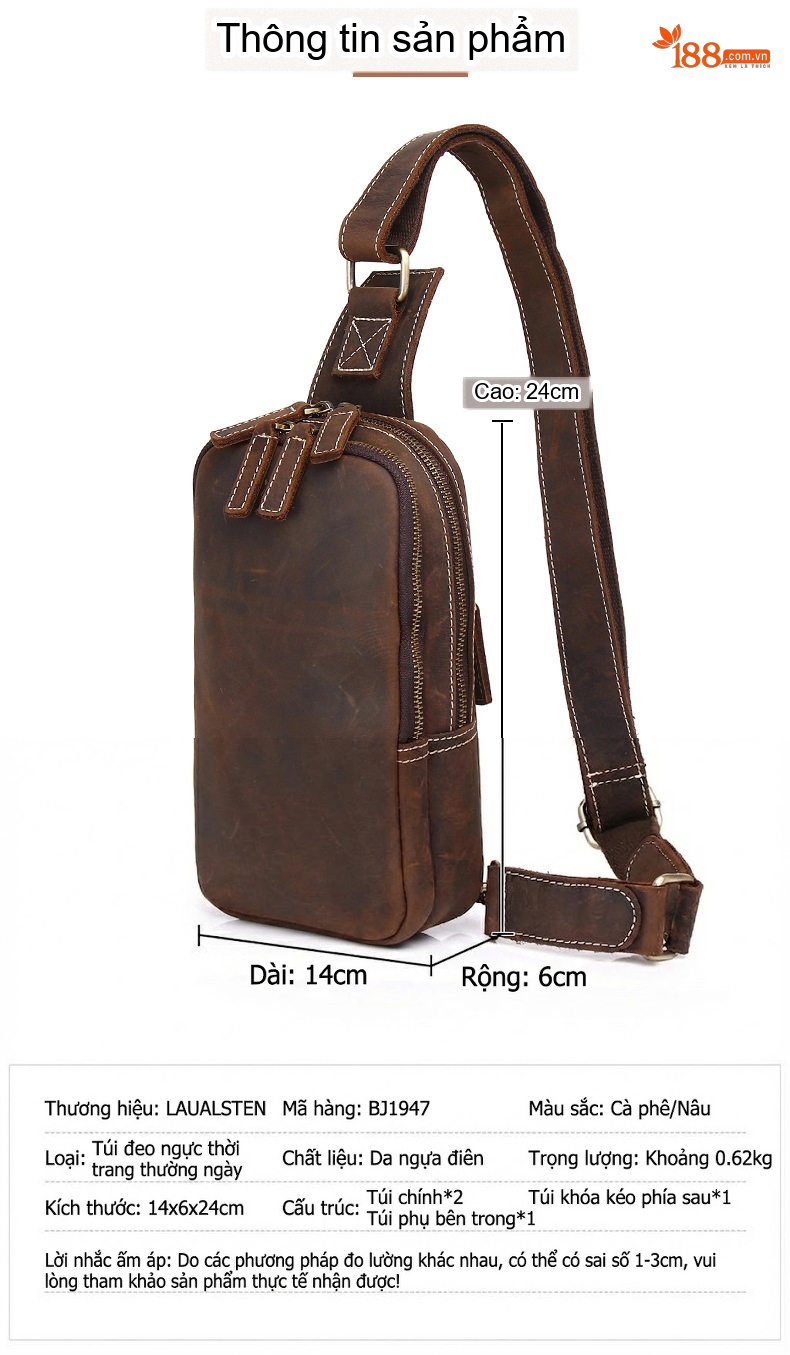 Túi Đeo Chéo Nam Da Bò Thủ Công Vintage Màu Nâu chi tiết 11