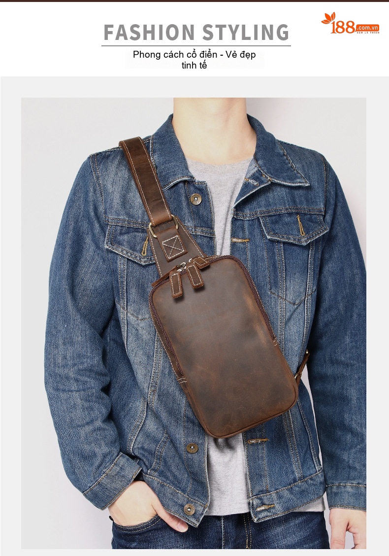 Túi Đeo Chéo Nam Da Bò Thủ Công Vintage Màu Nâu chi tiết 5