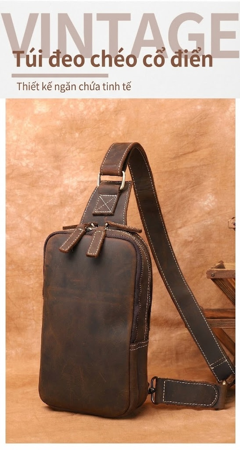 Túi Đeo Chéo Nam Da Bò Thủ Công Vintage Màu Nâu chi tiết 2