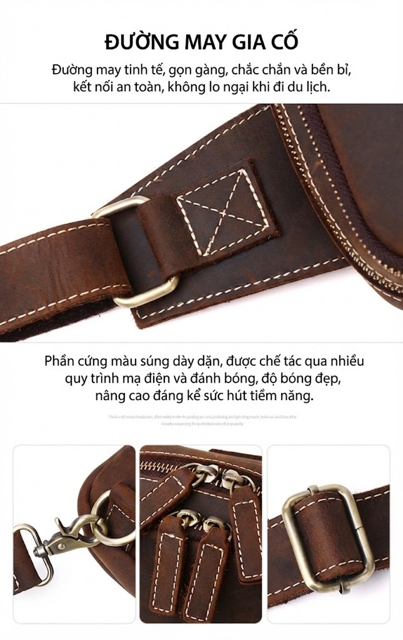 Túi Đeo Chéo Nam Da Bò Thủ Công Vintage Màu Nâu chi tiết 8