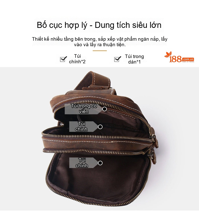 Túi Đeo Chéo Nam Da Bò Thủ Công Vintage Màu Nâu chi tiết 10