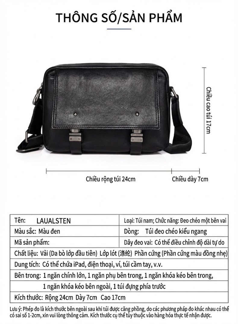 Túi Đeo Chéo Nam Da Bò Thủ Công Vintage Màu Nâu, Đen chi tiết 23