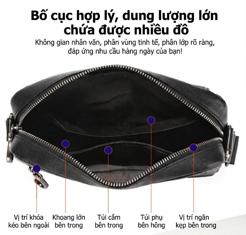 Túi Đeo Chéo Nam Da Bò Thủ Công Vintage Màu Nâu, Đen chi tiết 10