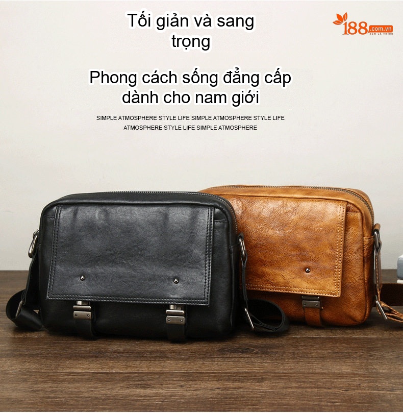 Túi Đeo Chéo Nam Da Bò Thủ Công Vintage Màu Nâu, Đen chi tiết 4