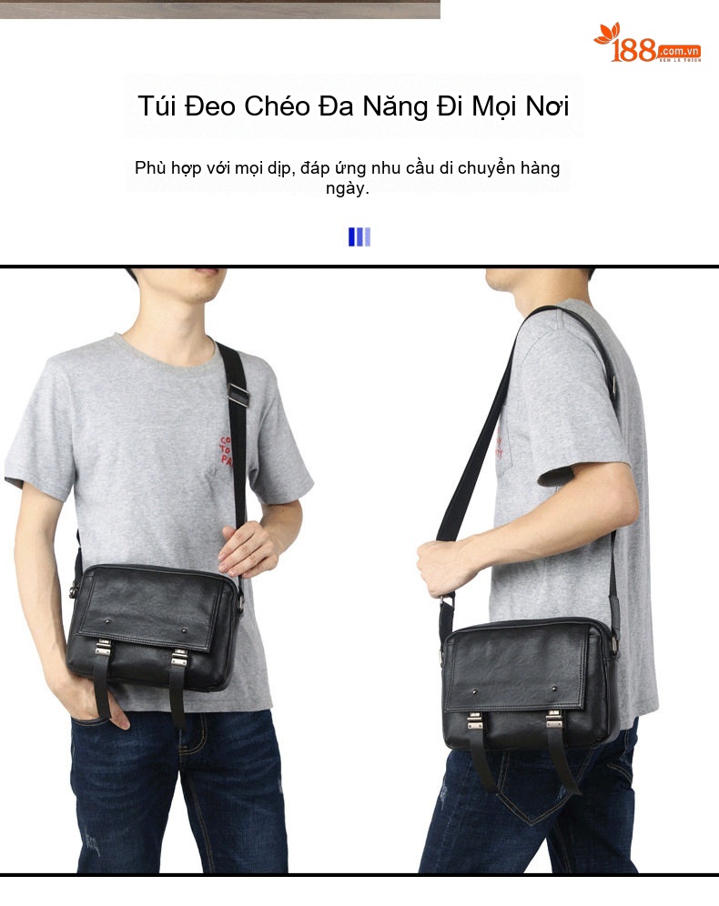 Túi Đeo Chéo Nam Da Bò Thủ Công Vintage Màu Nâu, Đen chi tiết 6