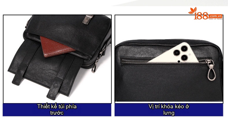 Túi Đeo Chéo Nam Da Bò Thủ Công Vintage Màu Nâu, Đen chi tiết 11