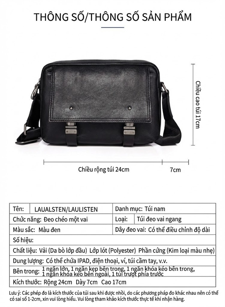 Túi Đeo Chéo Nam Da Bò Thủ Công Vintage Màu Nâu, Đen chi tiết 7