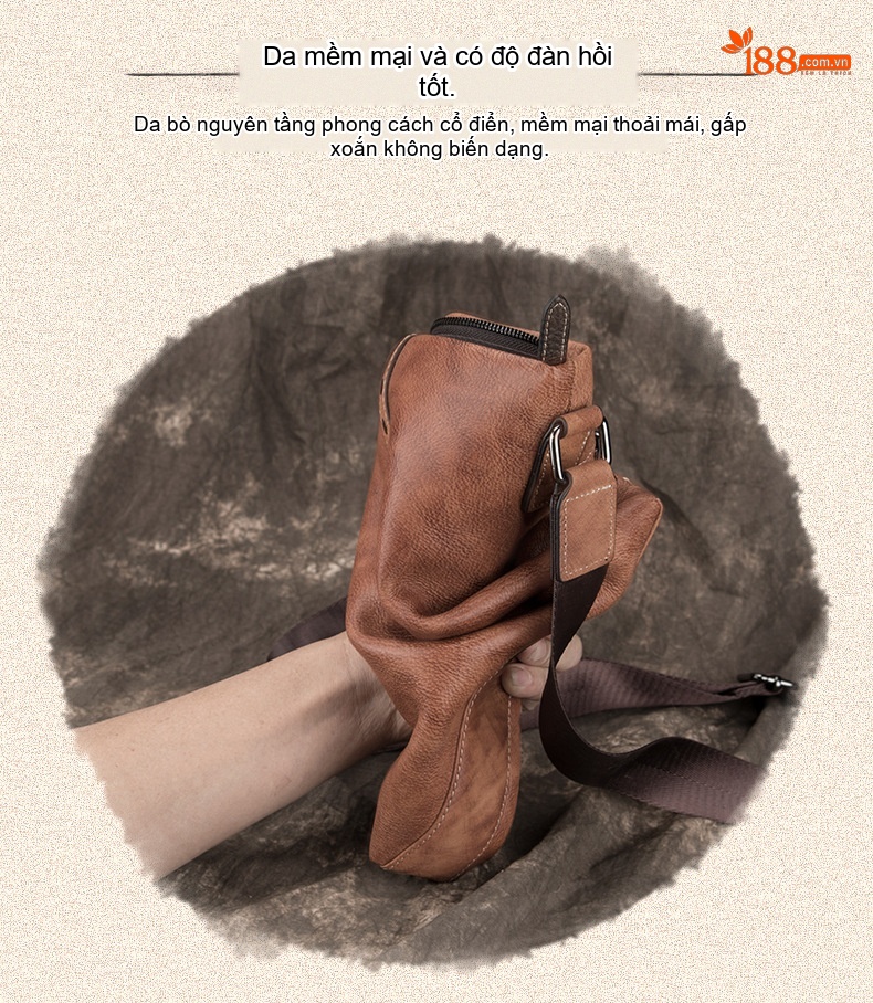 Túi Đeo Chéo Nam Da Bò Thủ Công Vintage Màu Nâu, Xám, Xanh Dương chi tiết 2