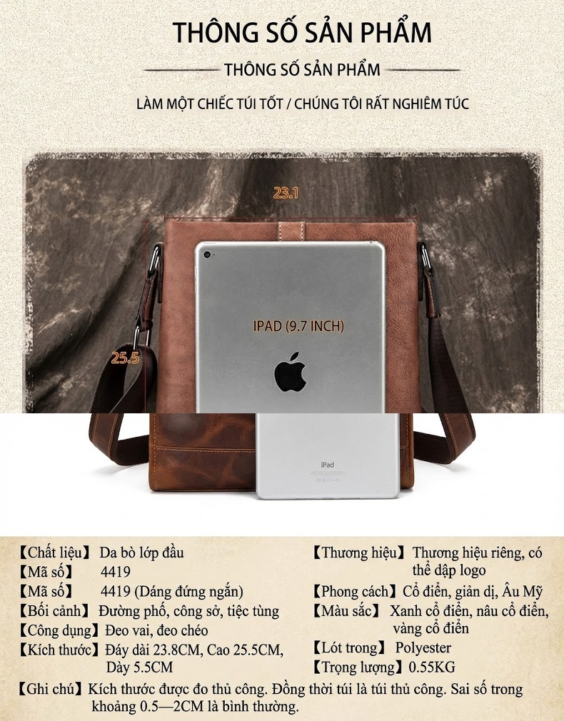 Túi Đeo Chéo Nam Da Bò Thủ Công Vintage Màu Nâu, Xám, Xanh Dương chi tiết 4
