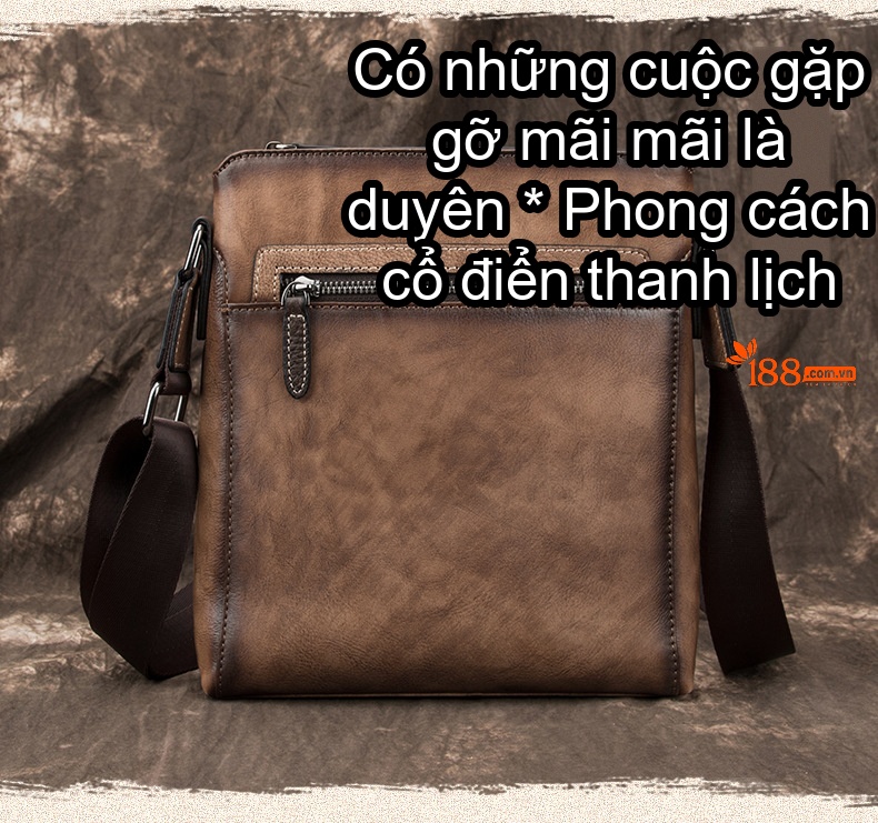 Túi Đeo Chéo Nam Da Bò Thủ Công Vintage Màu Nâu, Xanh Dương chi tiết 1