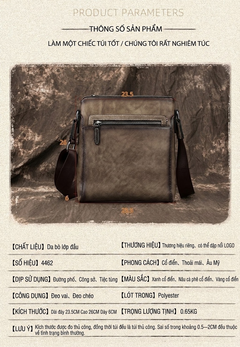 Túi Đeo Chéo Nam Da Bò Thủ Công Vintage Màu Nâu, Xanh Dương chi tiết 3