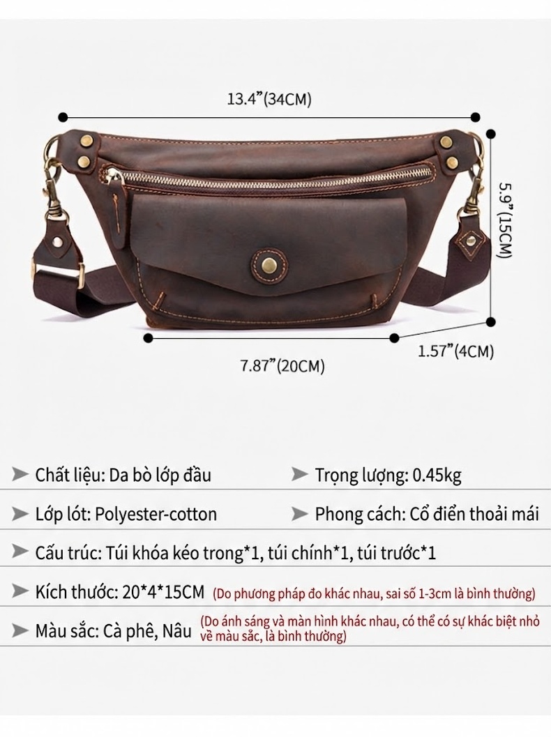 Túi Đeo Chéo Nam Da Bò, Túi Đeo Ngực, Túi Xe Máy Phong Cách Retro Màu Nâu chi tiết 3