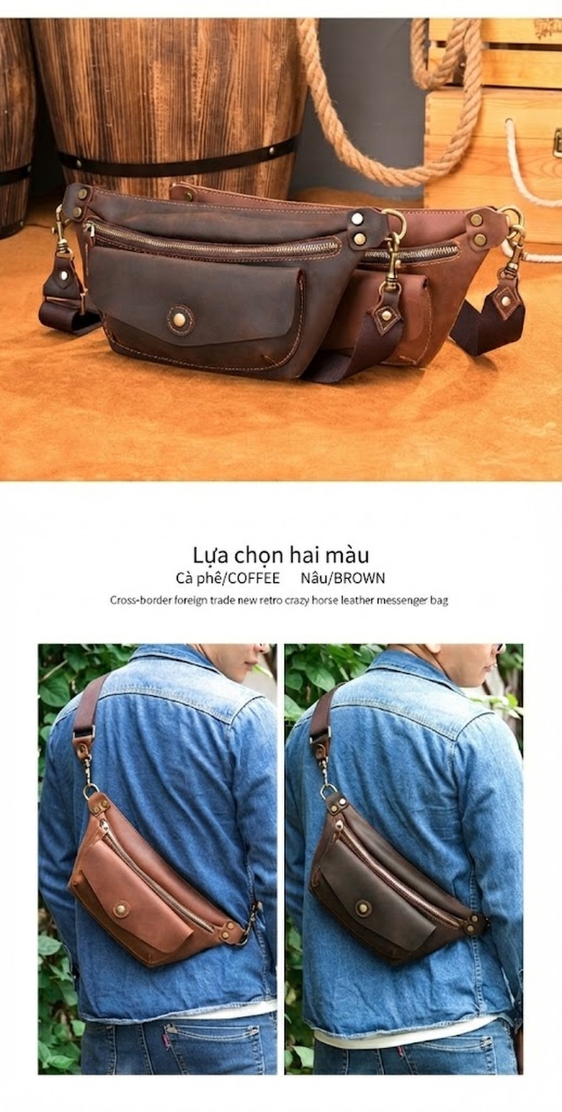 Túi Đeo Chéo Nam Da Bò, Túi Đeo Ngực, Túi Xe Máy Phong Cách Retro Màu Nâu chi tiết 4