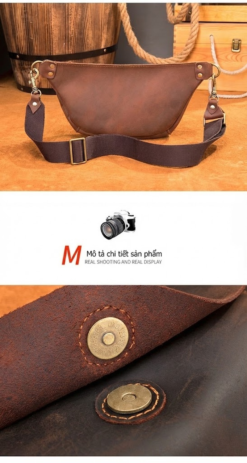 Túi Đeo Chéo Nam Da Bò, Túi Đeo Ngực, Túi Xe Máy Phong Cách Retro Màu Nâu chi tiết 13