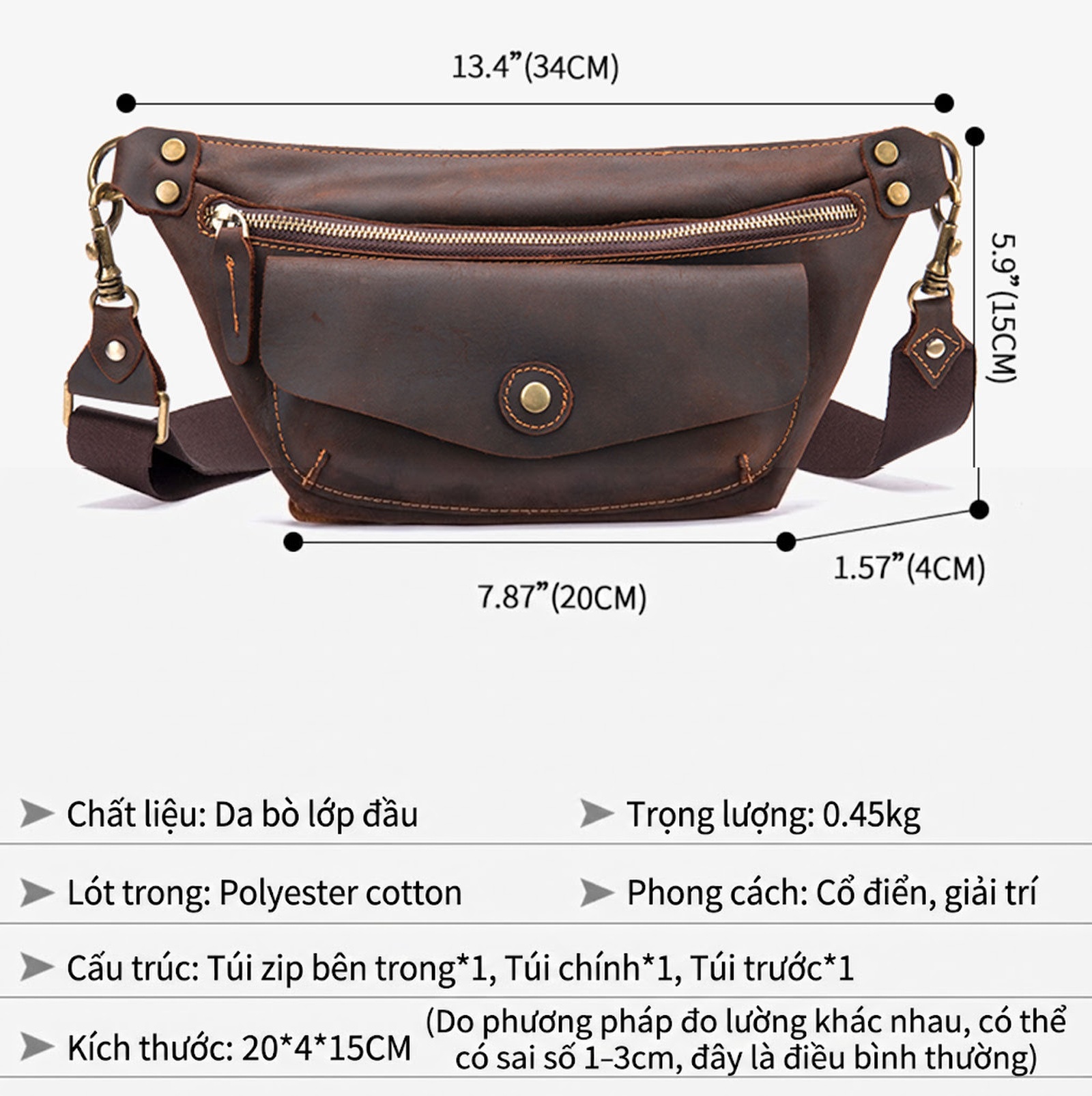 Túi Đeo Chéo Nam Da Bò, Túi Đeo Ngực, Túi Xe Máy Phong Cách Retro Màu Nâu