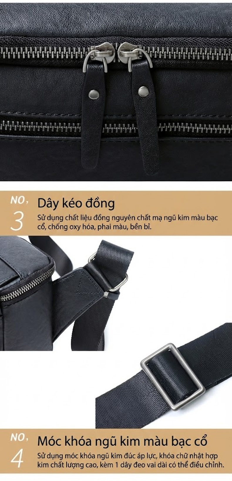 Túi Đeo Chéo Nam Da Bò, Túi Đeo Vai Nam Kiểu Dáng Vuông Vắn Màu Đen chi tiết 15