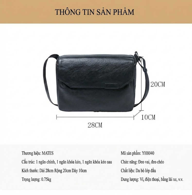 Túi Đeo Chéo Nam Da Bò, Túi Đeo Vai Nam Kiểu Dáng Vuông Vắn Màu Đen chi tiết 9