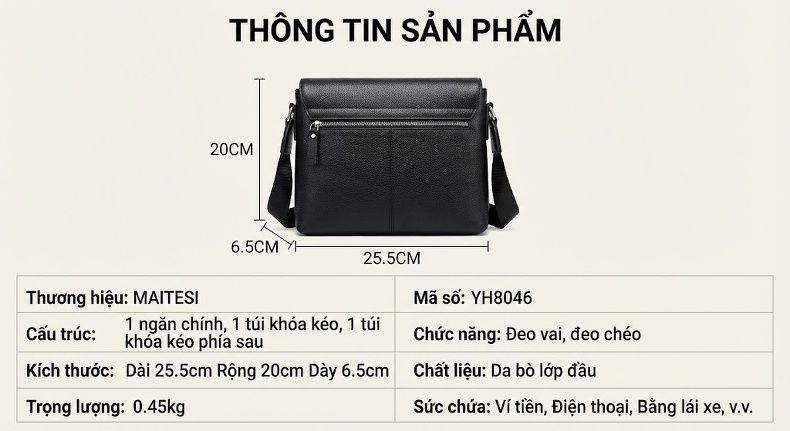 Túi Đeo Chéo Nam Da Bò Túi Ngực Da Thật Thời Trang chi tiết 9
