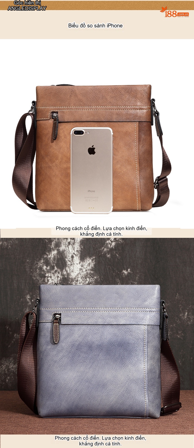 Túi Đeo Chéo Nam Da Bò Túi Xách Tay Công Sở Đeo Vai Phong Cách Retro Màu Nâu, Xám chi tiết 2