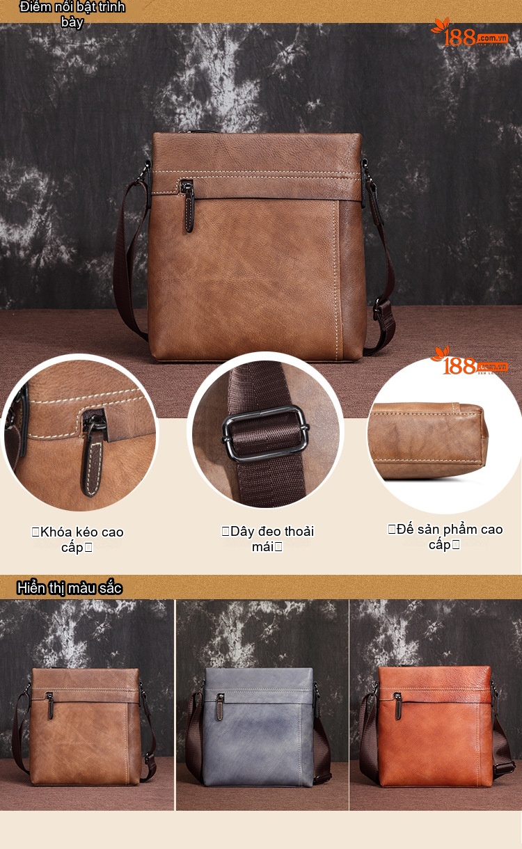 Túi Đeo Chéo Nam Da Bò Túi Xách Tay Công Sở Đeo Vai Phong Cách Retro Màu Nâu, Xám chi tiết 1