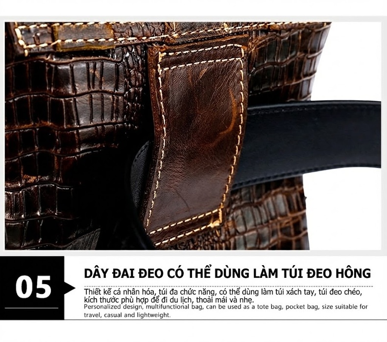 Túi Đeo Chéo Nam Da Bò Vân Cá Sấu Nắp Gập Đựng Tài Liệu Màu Nâu, Đen chi tiết 13
