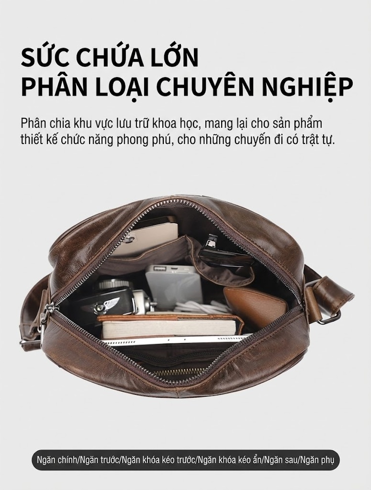 Túi Đeo Chéo Nam Da Bò Vintage Cao Cấp Màu Nâu chi tiết 7
