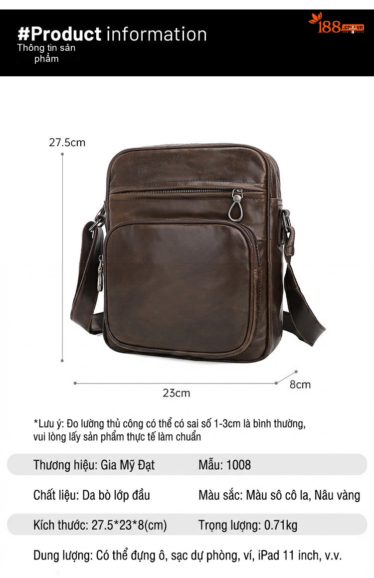 Túi Đeo Chéo Nam Da Bò Vintage Cao Cấp Màu Nâu chi tiết 1