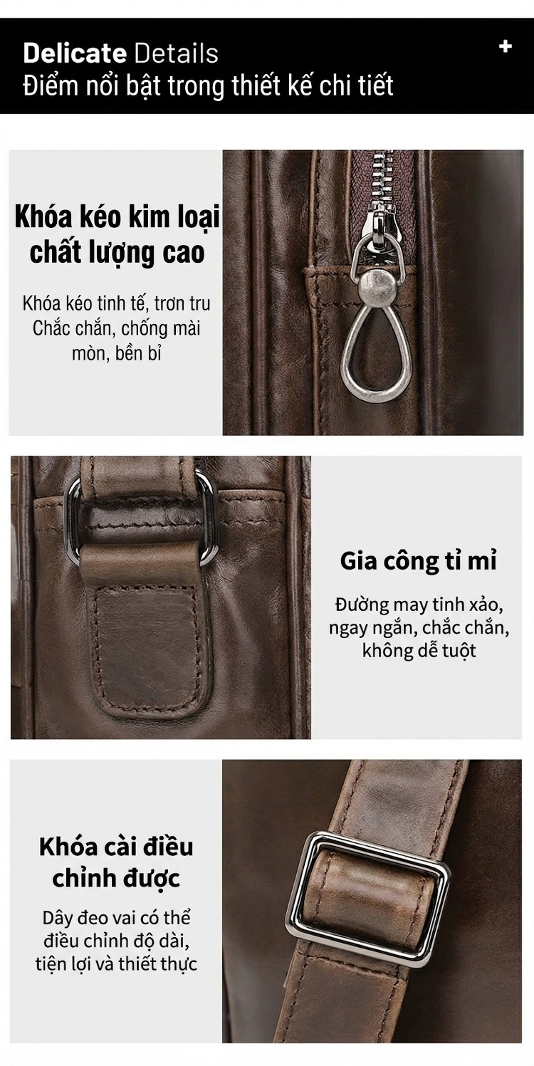 Túi Đeo Chéo Nam Da Bò Vintage Cao Cấp Màu Nâu chi tiết 11