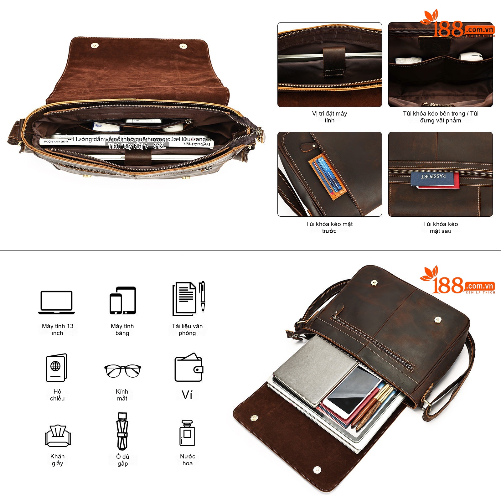 Túi Đeo Chéo Nam Da Bò Vintage Đựng Laptop 13 Inch Màu Nâu