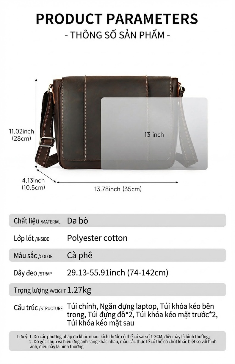 Túi Đeo Chéo Nam Da Bò Vintage Đựng Laptop 13 Inch Màu Nâu chi tiết 9